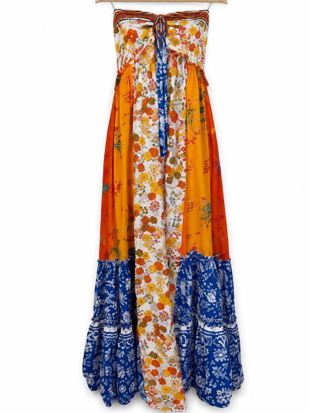 Free People Golden Dreams Strapless Maxi Dress Blue & Orange Floral